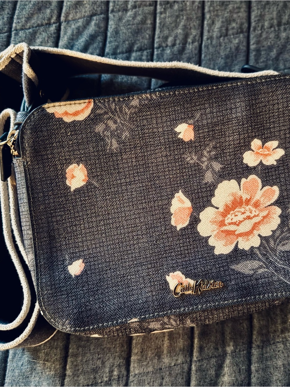 Cath Kidston Navy Crossbody Bag with Peach Floral Print
